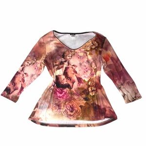 Y2K Yukiko cherub Cupid print 3/4 sleeve top with rhinestones